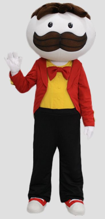 the mascot is wearing a red jacket and black pants with a mustache on his head