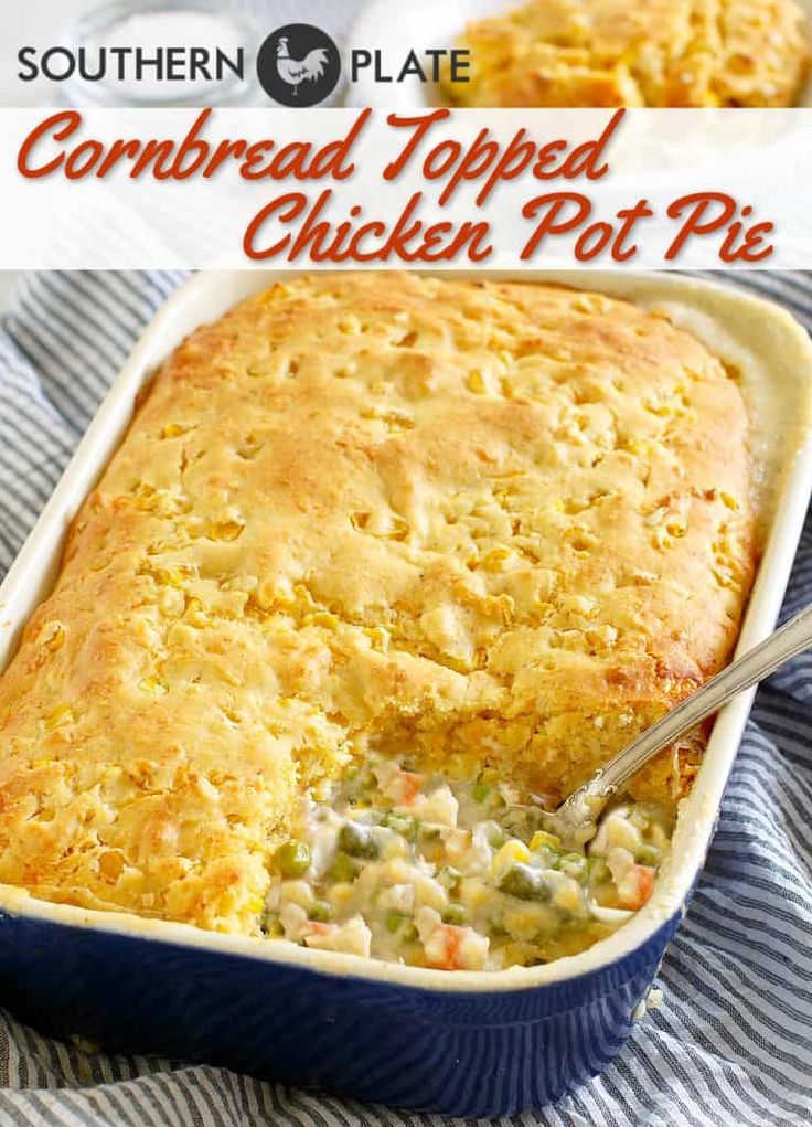 cornbread toffee chicken pot pie in a blue casserole dish