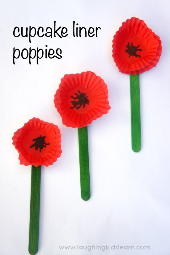 three cupcake liner poppys on green sticks with the words cupcake liner poppies