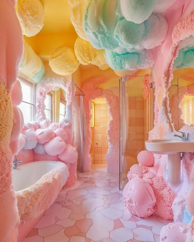 the bathroom is decorated in pastel colors and has an oval bathtub surrounded by fluffy balls