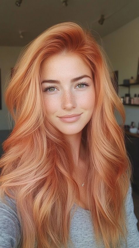 Peach Copper Hair, Copper Peach Hair, Bright Copper Hair, Blond Rose, Peach Hair Colors, Peach Hair, Ginger Hair Color, Red To Blonde, Copper Hair Color