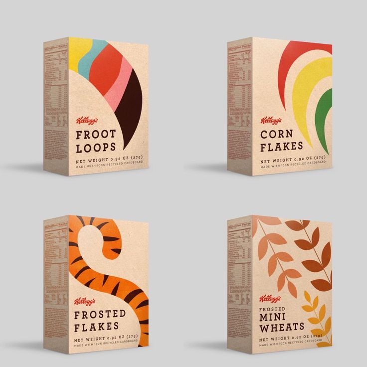 four boxes that have different types of food on them, including corn flakes and carrots