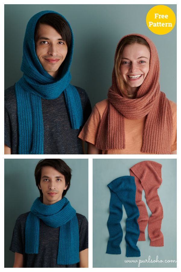 three pictures of two people wearing scarves and scarfs, one in blue and the other in red