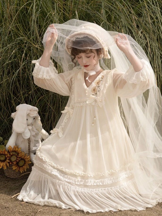 ❤Sweet Sunflower Pure White Lolita Dress❤︎ Sunflower Embroidery, Embroidery Collar, White Sunflower, Op Dress, Long Sleeves Dress, White Sunflowers, Lace Cuffs, White Lace Dress, Sleeves Dress