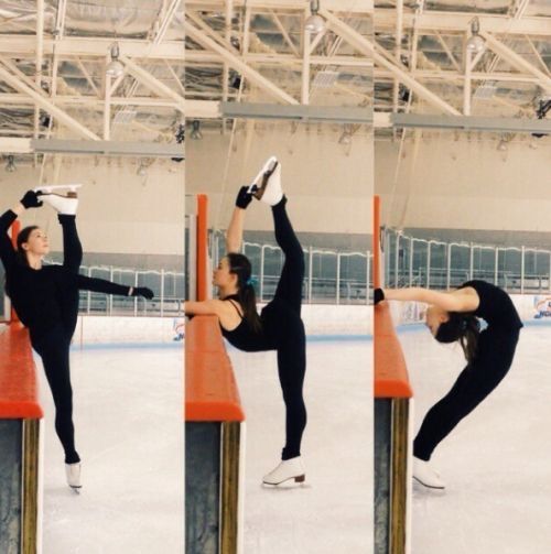 three pictures of a woman doing an acrobatic move on the ice rink