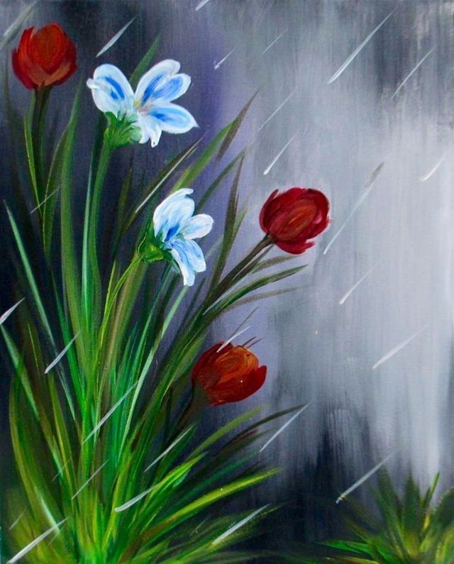 a painting of flowers in a vase with rain falling down on the ground behind it