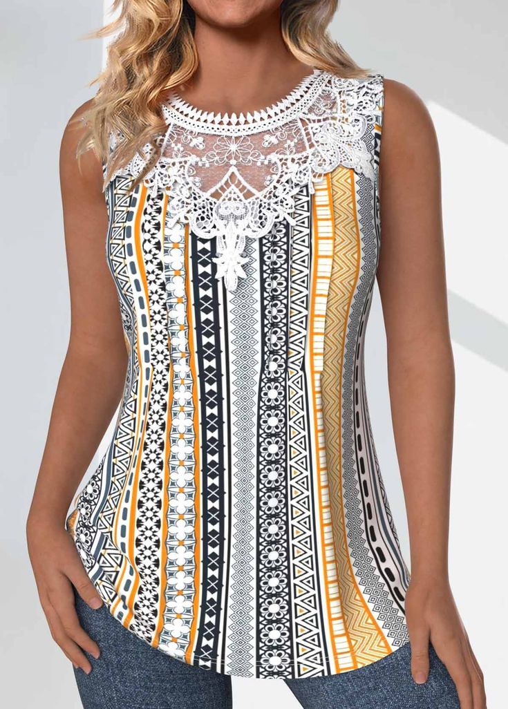 Bohemian Stretch Sleeveless Tank Top, Bohemian Stretch Sleeveless Tops, Sleeveless Bohemian Stretch Top, Mix Match Outfits, Sewing Blouses, Best Tank Tops, Lovely Tops, Lace Patchwork, Printing Design