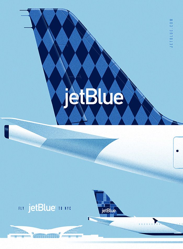 two jet blue airplanes side by side on a light blue background with the words jet blue below them