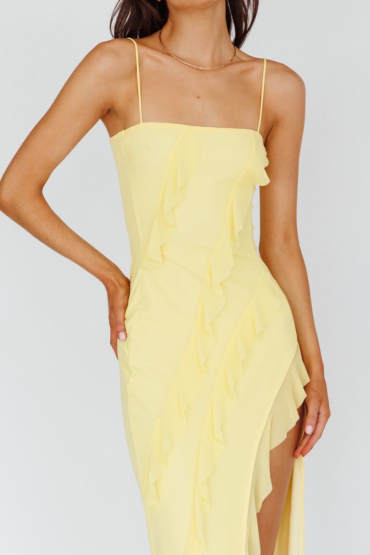 Shop the Catriona Split Ruffle Midi Dress Lemon | Selfie Leslie Ruched Ruffle Midi Dress For Summer, Chic Ruched Dresses With Ruffled Straps, Spaghetti Strap Mini Dress With Ruffled Skirt For Brunch, Flirty Ruffled Strap Dress For Brunch, Chic Spaghetti Strap Ruffle Dress, Flirty Summer Ruffle Midi Dress, Flirty Ruffle Hem Midi Dress For Brunch, Flirty Ruffled Midi Dress For Spring, Flirty Summer Midi Ruffle Dress