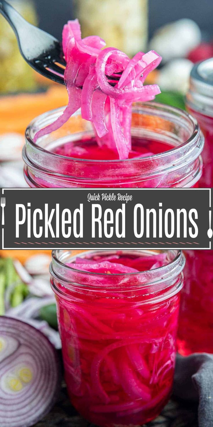 pickled red onions in mason jars with a spoon on the side and text overlay that reads pickled red onions