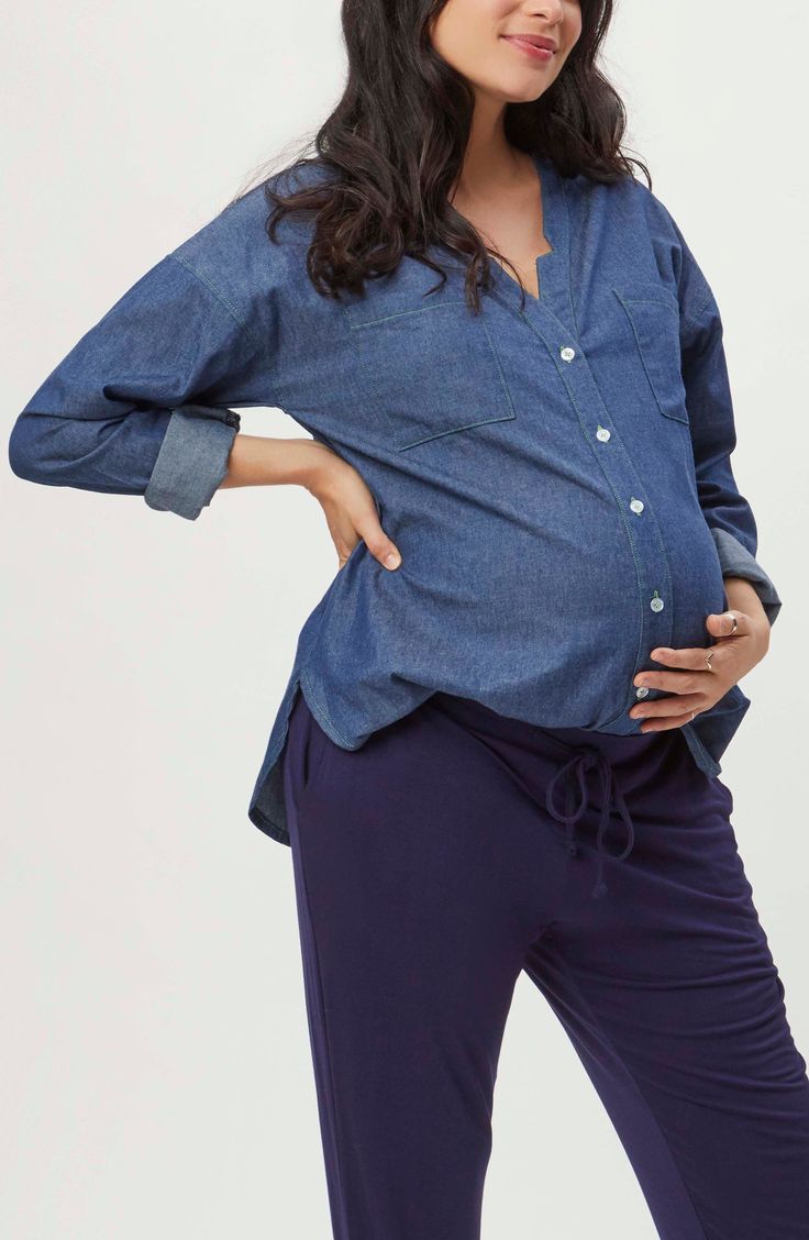 Breezy and lightweight chambray skims your growing bump in a timeless top that buttons at the front and is finished with easy-to-roll sleeves. Style Name:Stowaway Collection Chambray Maternity Top. Style Number: 6741814. Maternity Skirt, Maternity Top, Pregnant Belly, Pregnancy Shirts, Maternity Tops, Contrast Trim, Bump, Chambray, Contrasting Colors