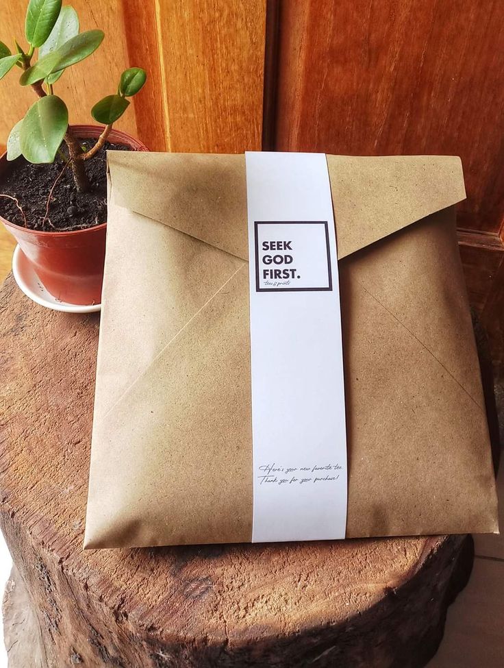 a brown paper bag sitting on top of a tree stump next to a potted plant