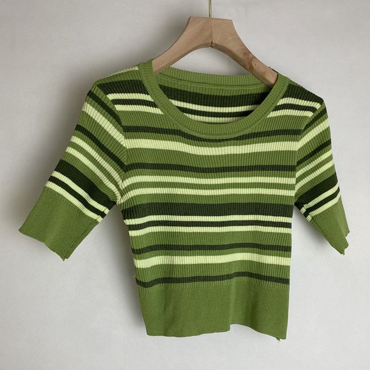 Style: Sexy Fit: Slim Fabric: Jersey Pattern: Stripe Element: Non Top Length: Short Neckline: Crew Neck Sleeve Type: Regular Sleeve Length: Short Sleeve Main Composition: Polyester Season: Summer Color Matching Design, Jersey Pattern, Plaid Pullover, Matching Design, Striped Knit, Green Fashion, Summer Tops, Shirt Color, Sleeve Type