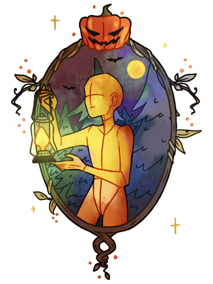 a drawing of a man holding a lantern in front of a mirror with pumpkins on it