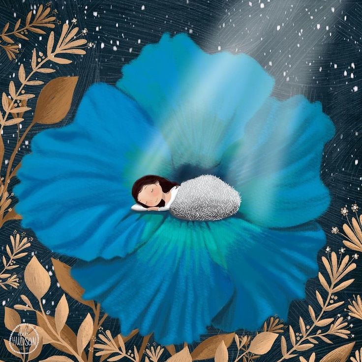 a painting of a blue flower with a person sleeping in it's center surrounded by leaves