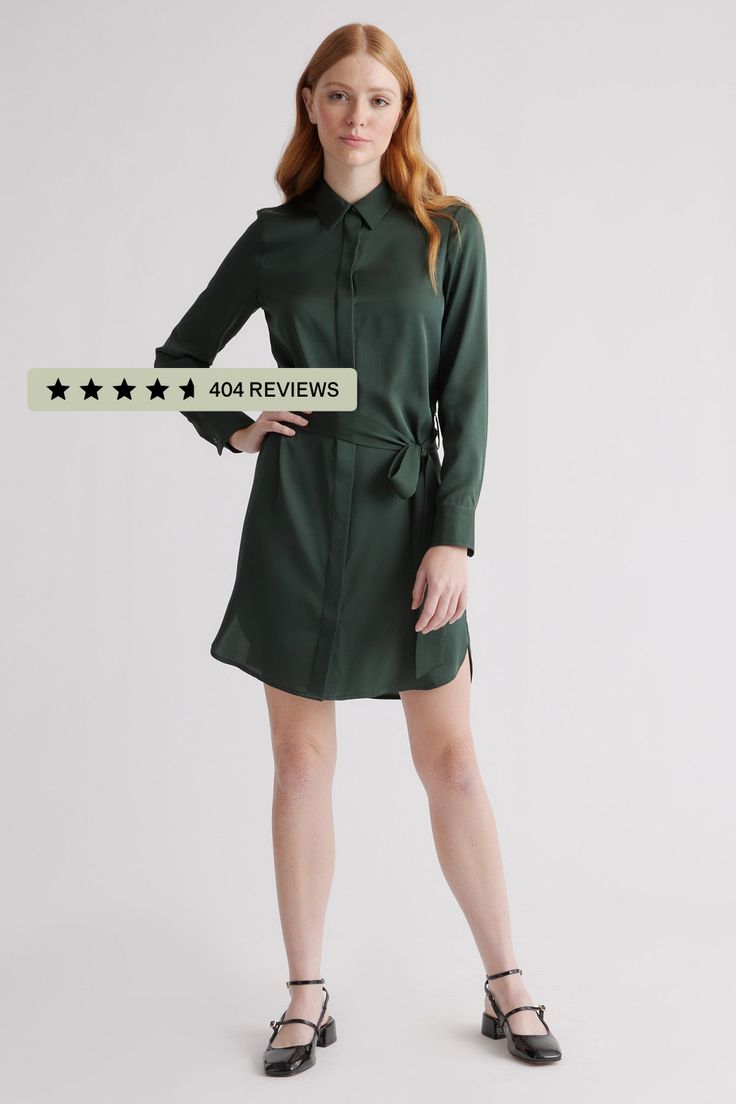 A wardrobe staple for so many reasons. This premium silk shirt dress is sleek and streamlined. With just the right amount of stretch, it can seamlessly take you from meetings to drinks, and is the piece you’ll always go back to.  | Quince | Women's Washable Stretch Shirt Dress in Forest Green,  Size XL Button-up Shirt Dress With Tie Fastening For Daywear, Tie Fastening Button-up Shirt Dress For Daywear, Fitted Shirt Dress With Tie Fastening For Daywear, Elegant Tie Waist Shirt Dress For Fall, Elegant Shirt Dress With Roll-up Sleeves For Daywear, Elegant Fall Shirt Dress With Tie Waist, Elegant Shirt Dress With Tie Waist For Fall, Sleek Long Sleeve Shirt Dress, Button-up Tie Waist Shirt Dress For Daywear