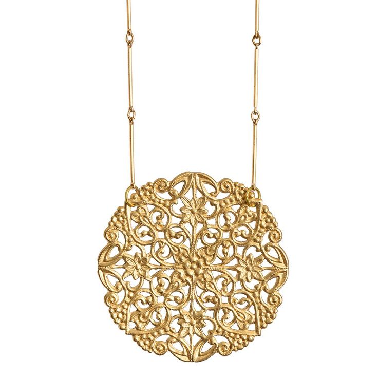 An intricately detailed pendant adds a bold but romatic touch to your look. All brass construction. Nickel and lead free. 17" [43 cm] long. Elegant Brass Necklace With Intricate Design, Elegant Antique Gold Pendant Necklace, Antique Gold Medallion Necklace In Brass, Elegant Gold Medallion Necklace With Flower Pendant, Ornate Gold Necklace With Oxidized Finish, Ornate Brass Necklace With Intricate Design, Gold Medallion Necklace With Antique Finish, Gold Necklace With Round Antique Pendant, Gold Necklace With Round Antique Finish Pendant