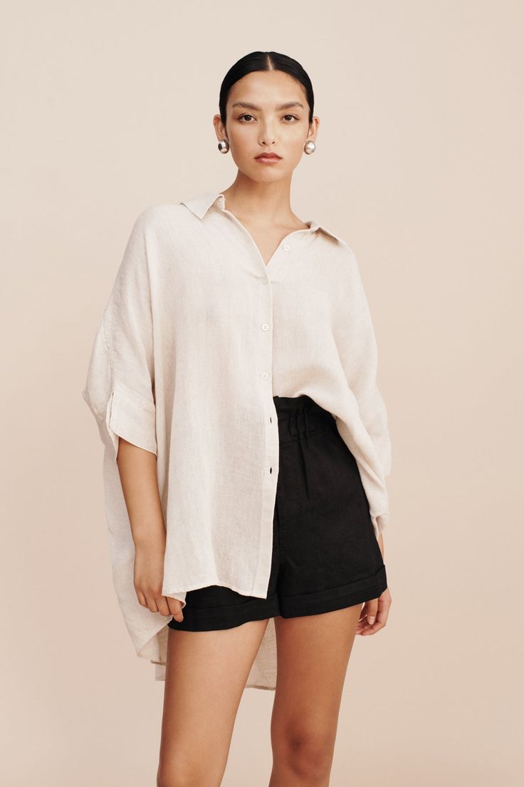 LULA SHIRT - NATURAL – THE POSSE US Linen Blouse With Shirttail Hem For Daywear, Neutral Linen Top For Day Out, Chic Linen Shirt With Shirttail Hem, Oversized Beige Summer Shirt, Summer Linen Shirt In Neutral Color, Oversized Beige Shirt For Day Out, Oversized Beige Shirt For Summer, Neutral Relaxed Fit Blouse For Daywear, Summer Neutral Linen Shirt