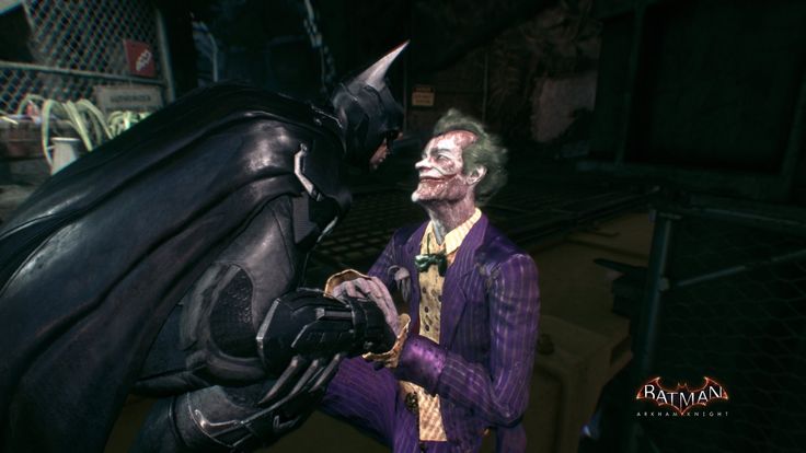 the joker in batman ark is talking to another man who is wearing a purple suit