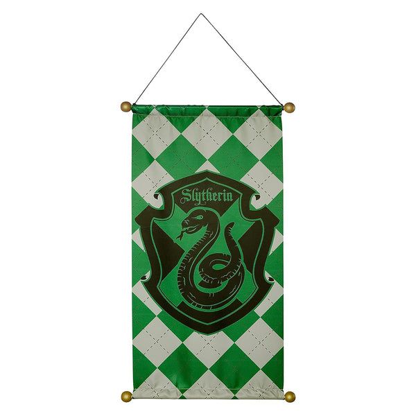 a green and white banner with a black snake on it's side hanging from a hook