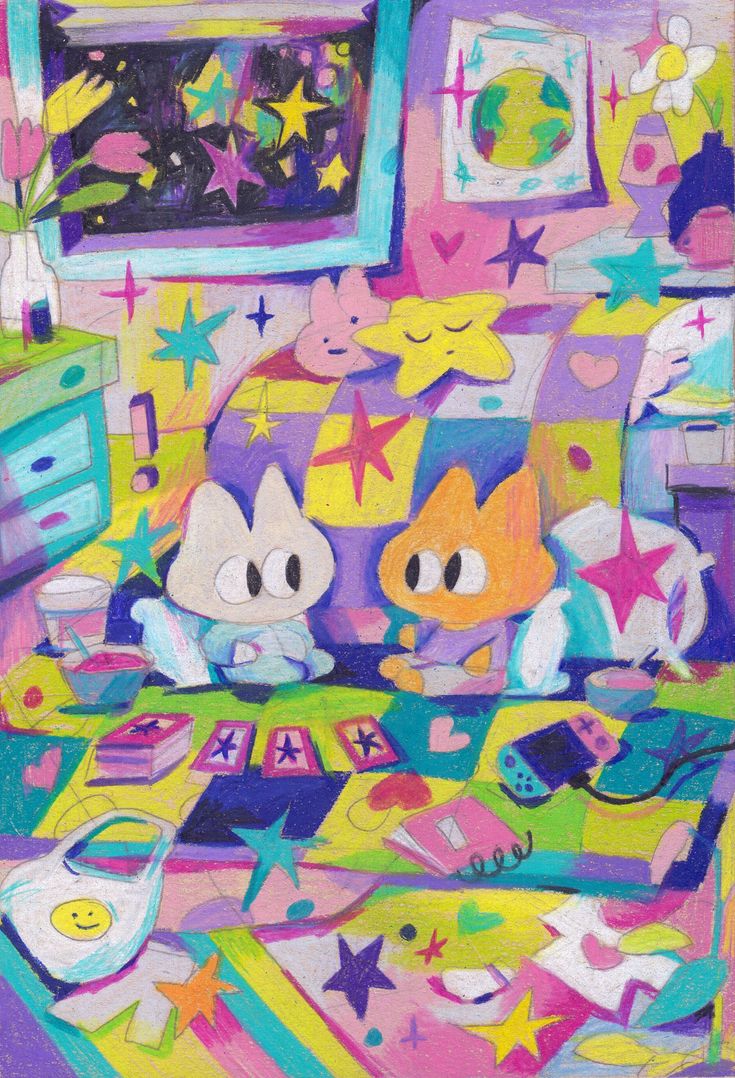 this is an oil painting of some cartoon characters in a room with stars and other things