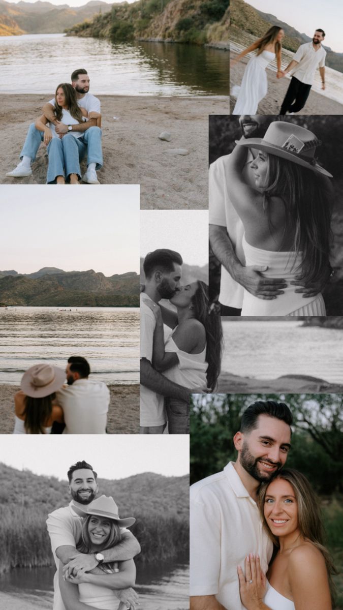 a collage of photos with people and water in the background