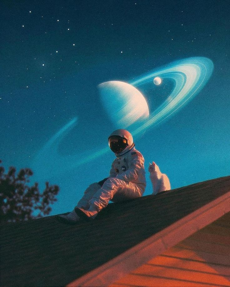 an astronaut sitting on top of a roof next to the moon and saturn in the background