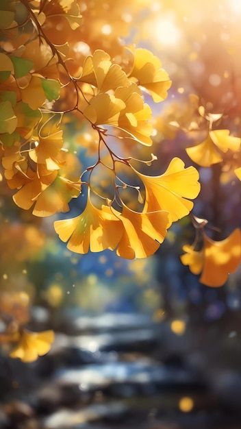 some yellow leaves are hanging from a tree in front of a river and sunlight shining down on them