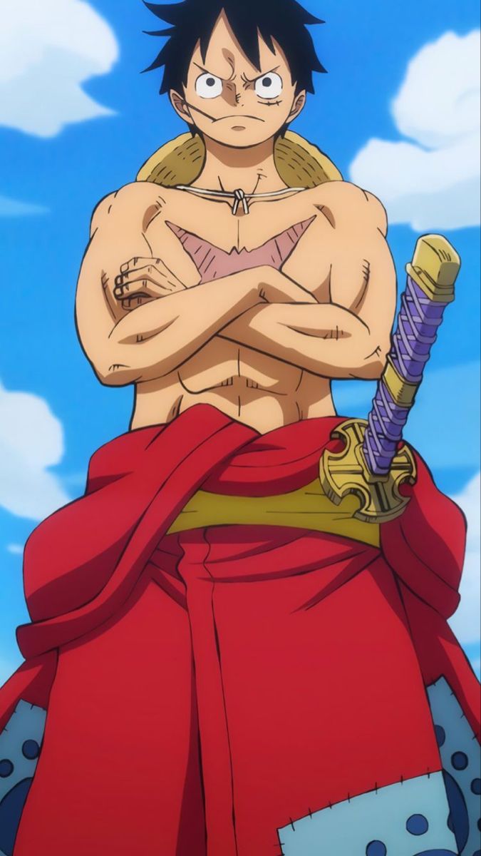 an anime character with his arms crossed and one hand on his chest, standing in front of the sky