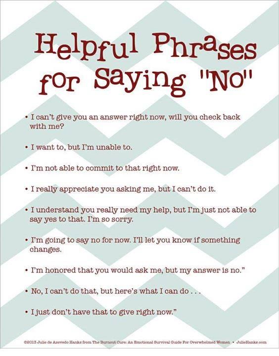 an email message with the words helpful phrases for saying'no'in red and white