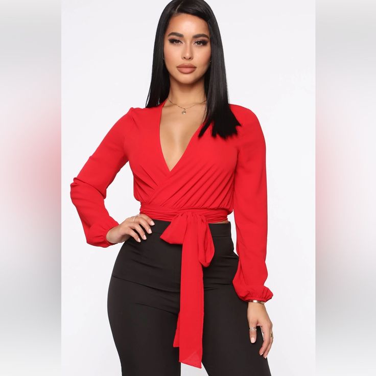 New With Tag Fashion Nova Versatile Red Wrap Blouse. Size Small Elegant Red V-neck Blouse, Chic Red Party Blouse, Red V-neck Top For Office, Red Long Sleeve Office Top, Red Long Sleeve Top For Office, Solid V-neck Blouse For Date Night, Solid Color V-neck Blouse For Date Night, Elegant Red Office Tops, Chic Red Long Sleeve Blouse