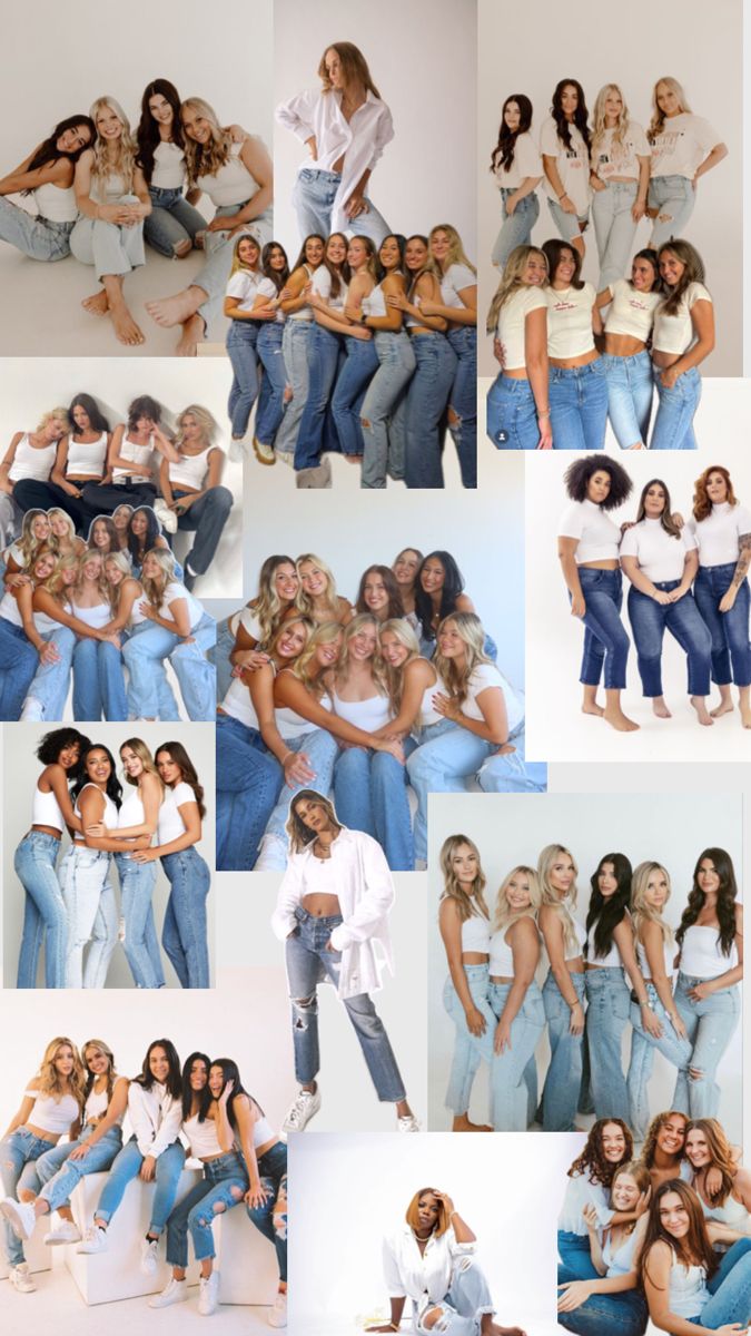 a collage of women posing for pictures in denim outfits and jeans, all with their arms around each other