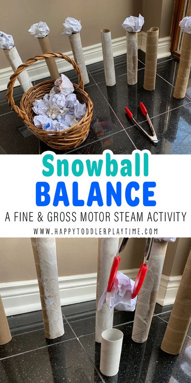 the snowball balance is an easy and fun winter activity for kids to play with