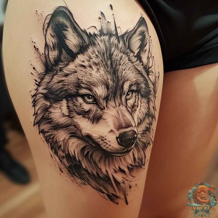 a woman's thigh with a wolf tattoo on it