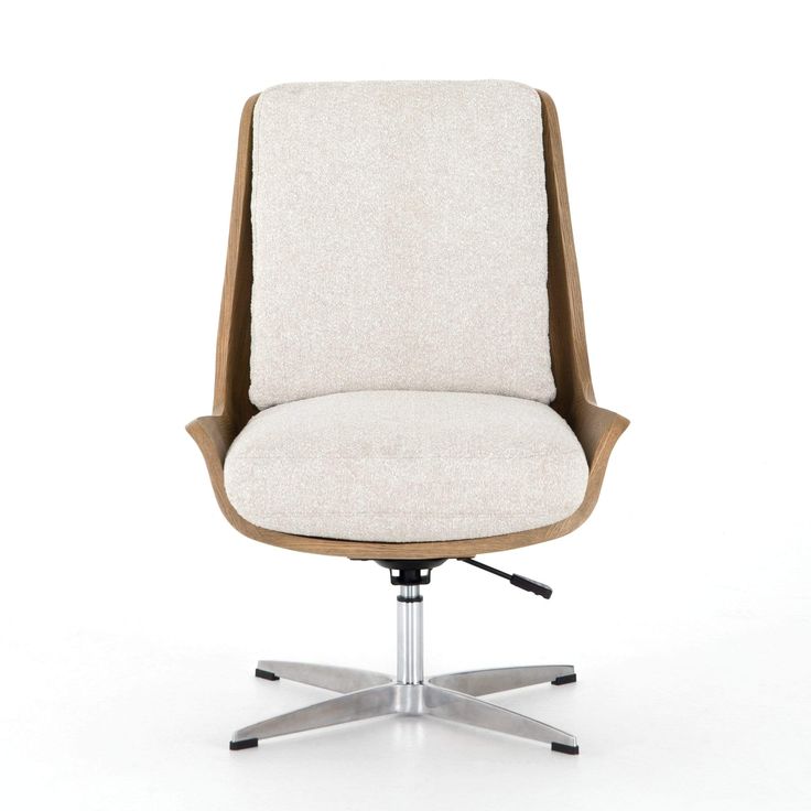 an office chair with a white upholstered seat and chrome base, viewed from the front