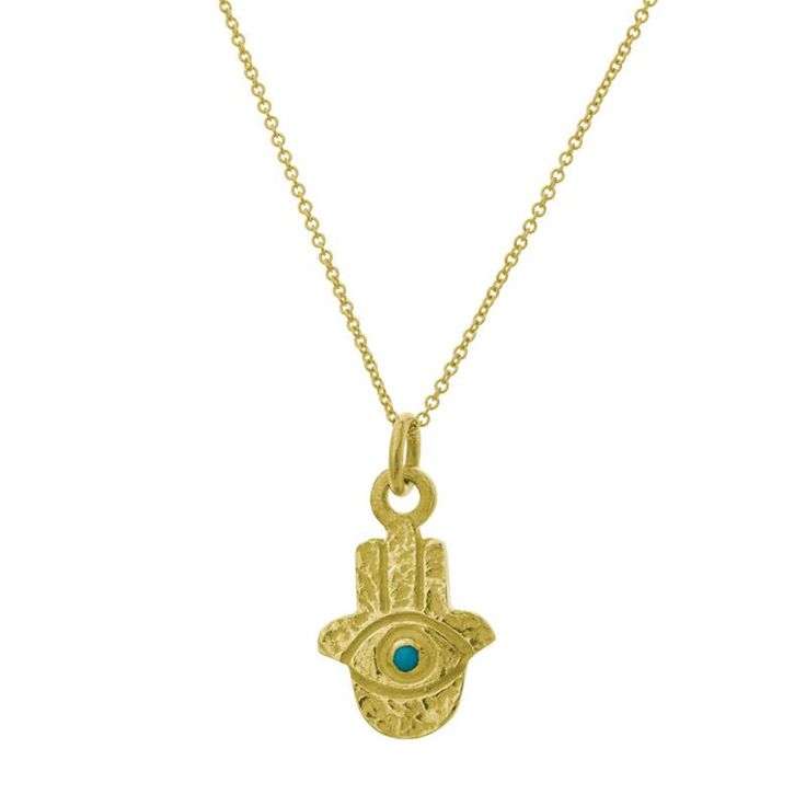 Seen across the globe today and throughout history, predating Judaism, Christianity and Islam. Known as an amulet of protection, the Hamsa brings its owner happiness, luck, health, and good fortune. It is believed wearing a Hamsa amulet defends against the Evil Eye. May you wear it in good health. 18k gold charm floats on a delicate 18k gold chain Gold Hamsa with Turquoise charm measures approximately 1" (including jump ring) Your choice of 16", 18" or 20" chain length Hand-crafted in Los Angele Engraved Amulet Jewelry For Good Luck, Spiritual Round Good Luck Necklaces, Blessing Amulet Style Necklace With Coin Pendant, Blessing Amulet Necklace With Coin Pendant, Symbolic Good Luck Coin Pendant Necklace, Spiritual Good Luck Round Necklace, Spiritual Good Luck Necklace With Round Shape, Good Luck Spiritual Necklace With Round Shape, Amulet Style Jewelry With Large Pendant For Blessing