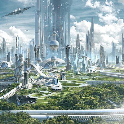 a futuristic city with lots of tall buildings and green trees in front of the sky