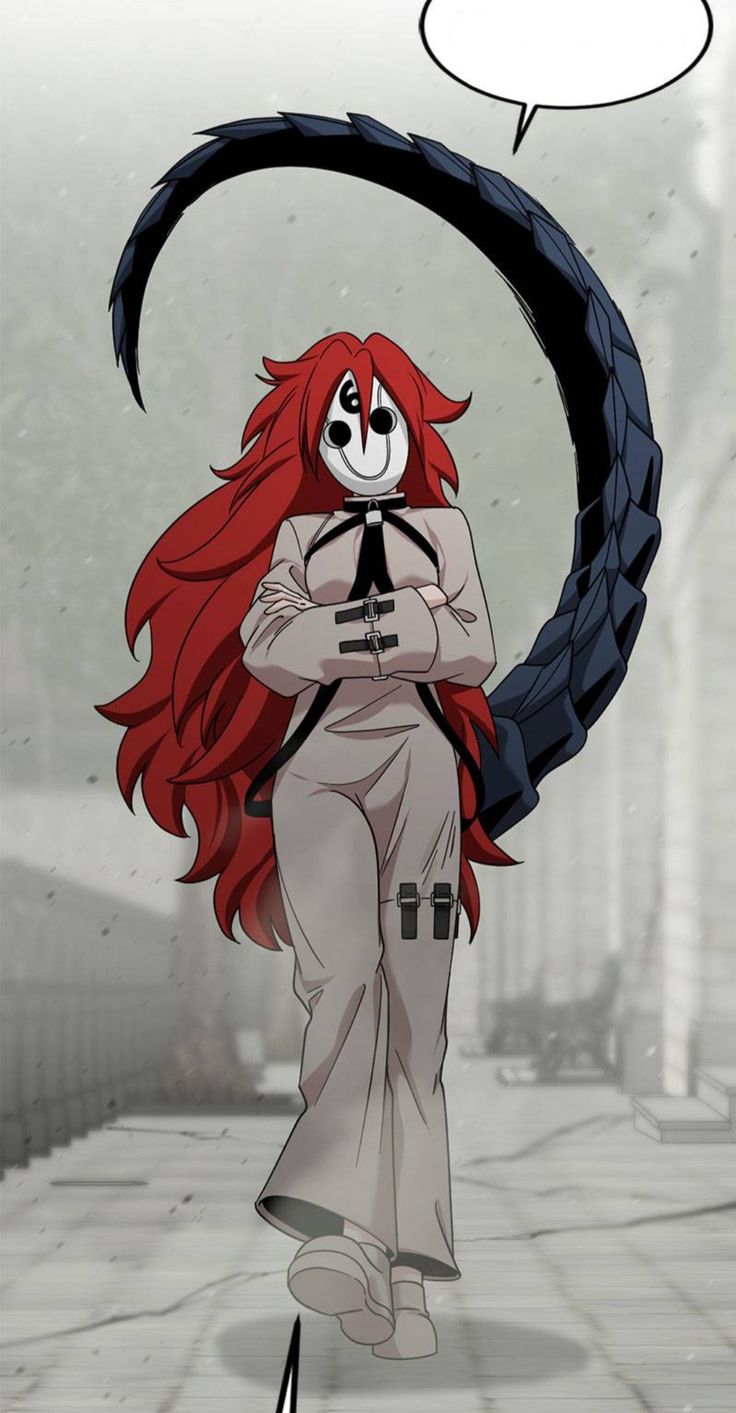 a woman with long red hair walking down a street next to a giant black snake