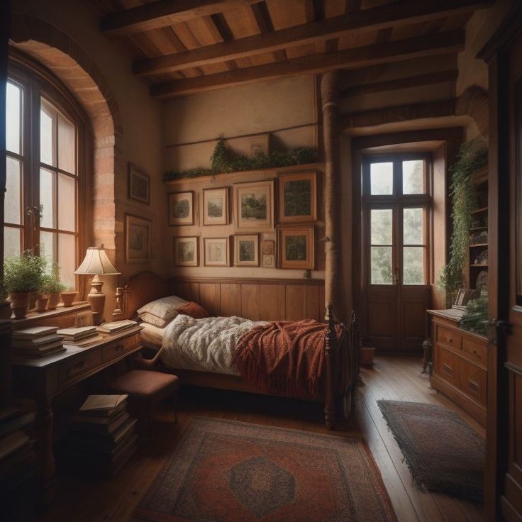 a bed sitting in a bedroom next to two windows and a rug on top of a wooden floor