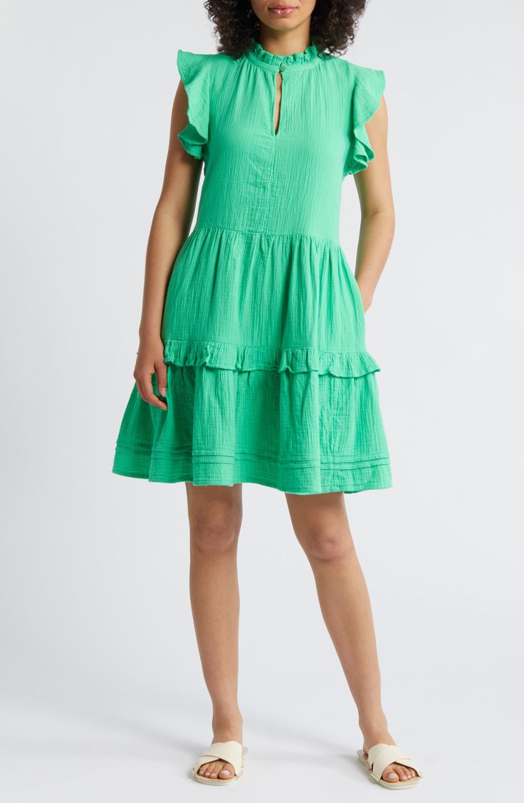 Frilly edges and a wide ruffle sweeten this cotton dress that's ready for warmer days. 38" length (size medium) Front keyhole with button-and-loop closure Band collar Short sleeves 100% cotton Machine wash, line dry Imported Cotton Gauze Dress, Gauze Dress, Band Collar, Nordstrom Dresses, Dress Codes, Cotton Dress, Cotton Dresses, Short Sleeves, Nordstrom