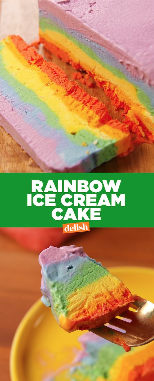 rainbow ice cream cake on a yellow plate with a fork in the foreground and an image of a slice being taken out of it