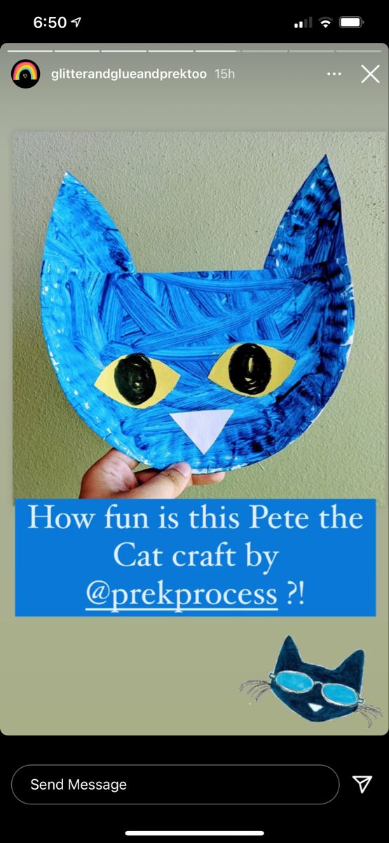 a person holding up a paper cat mask with the caption how fun is this pete the cat craft by @ prekproces?