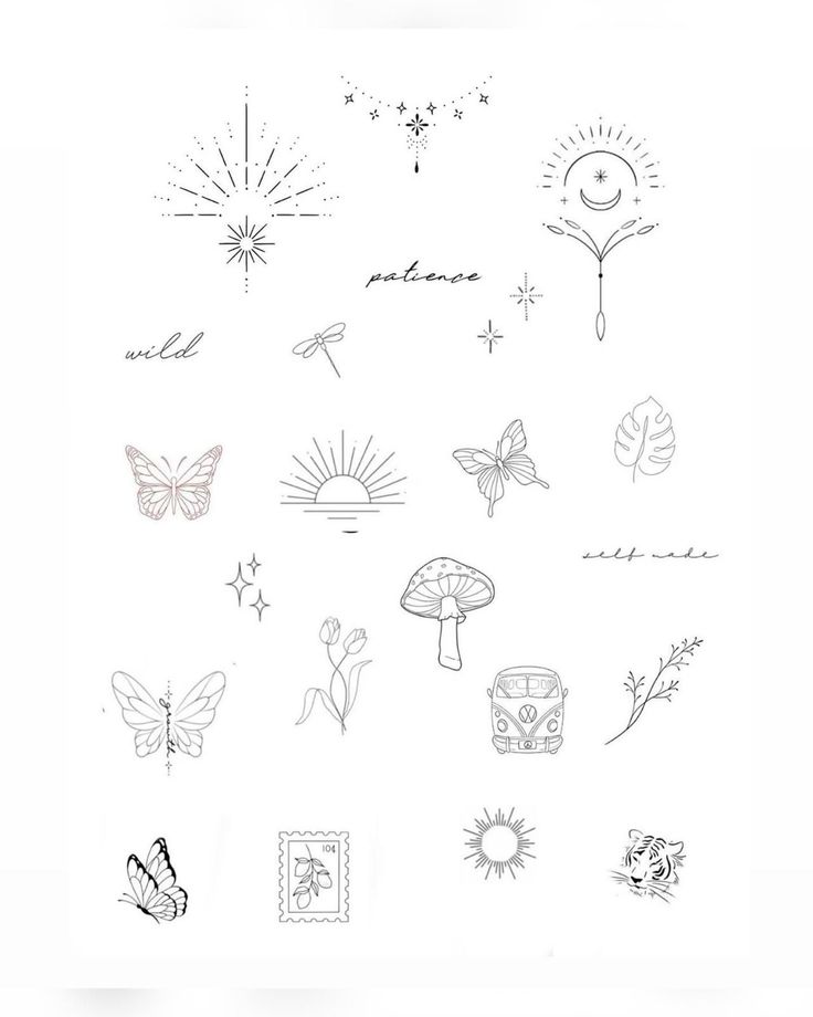 the back side of a sheet of paper with different designs on it and words written in black ink