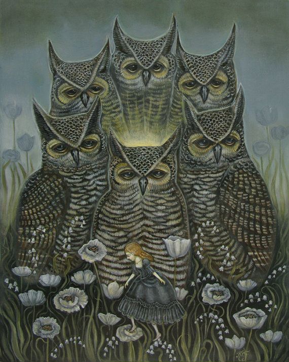 an owl painting with many owls around it's neck and eyes, all looking at the viewer