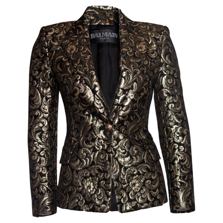 Balmain, jacquard woven single breasted ornament blazer in black and gold. The item is in good condition (small pulls in fabric). • CONDITION: good condition • SIZE: FR36 - XS • MEASUREMENTS: length 60 cm, width 42 cm, waist 36 cm, shoulder width 37 cm, arm length 58 cm • MATERIAL: 38% acetate 26% polyester 19% acrylic 9% polyester 8% wool • CARE: dry cleaning only • COLOR: black, gold Couture Coats, Gold Tapestry, Gold Blazer, Balmain Blazer, Blazer Black, Blazer Outfits, Jacquard Weave, Black Blazers, Black And Gold