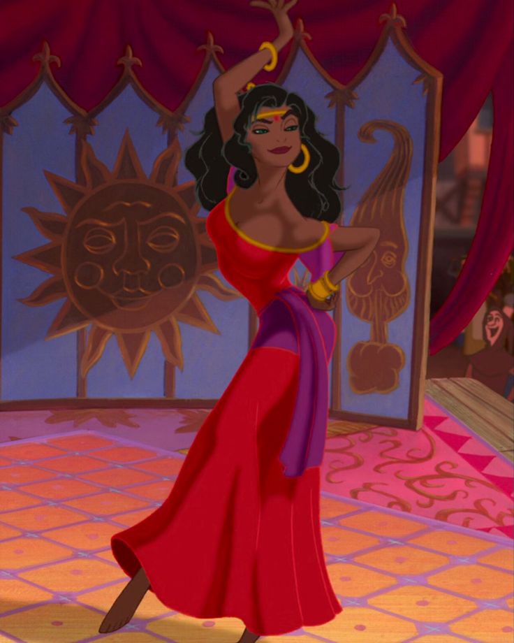 an animated image of a woman in a red and purple dress dancing on stage with sun behind her