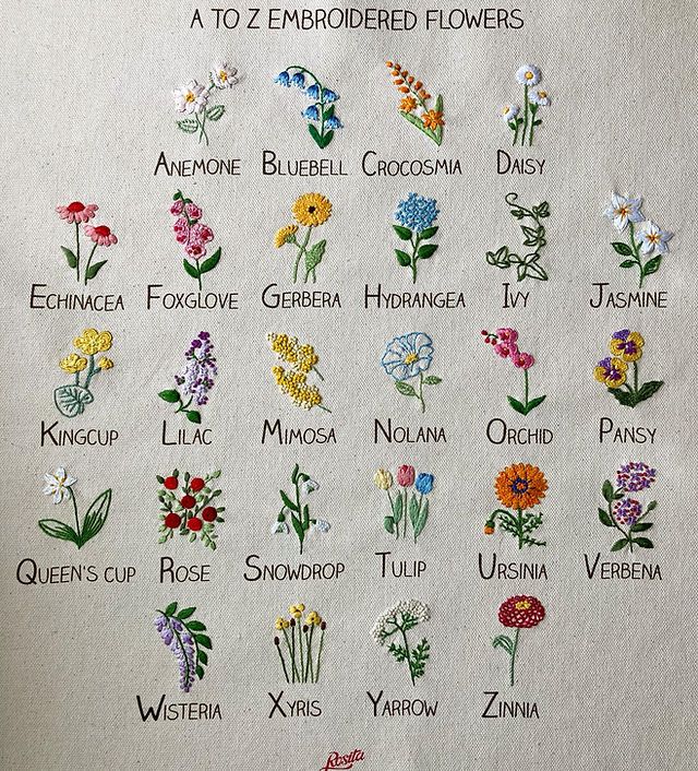 embroidered flowers are displayed on a piece of paper with the names and colors in them