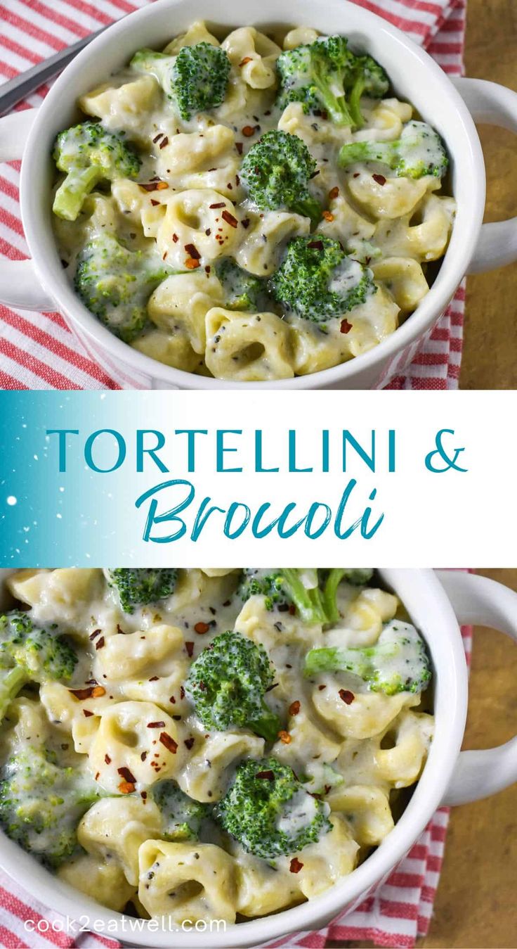 two bowls filled with tortellini and broccoli on top of a table