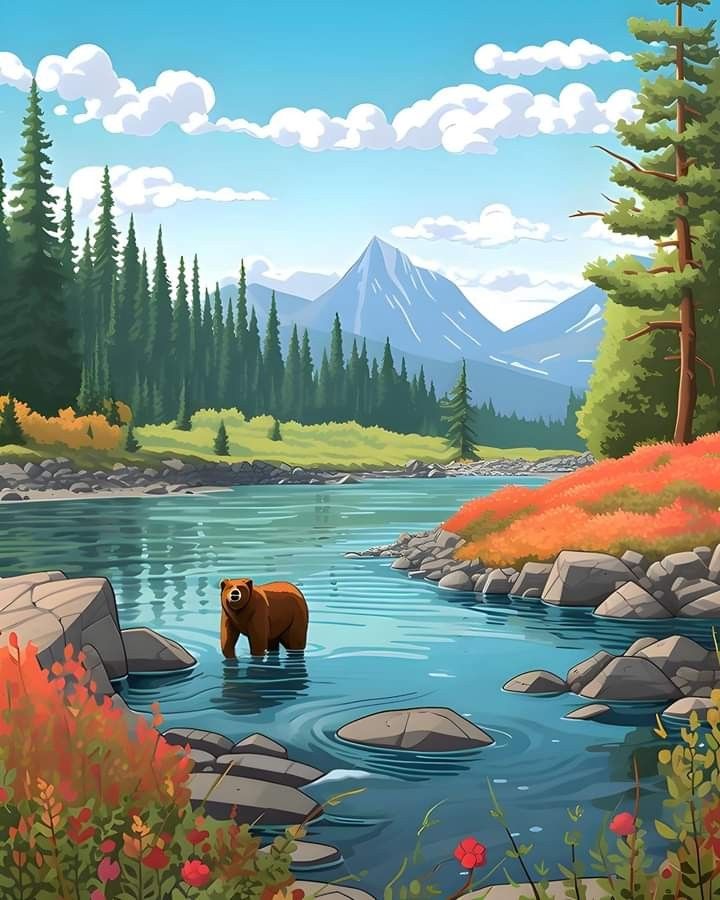 a painting of a bear standing in the middle of a river surrounded by mountains and trees