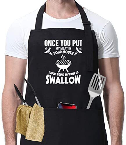 a man wearing an apron and cooking utensils with the words'once you put my meat in your mouth, you're going to swallow '